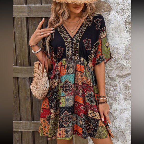 Boho patchwork print tie back dress - Picture 6 of 6